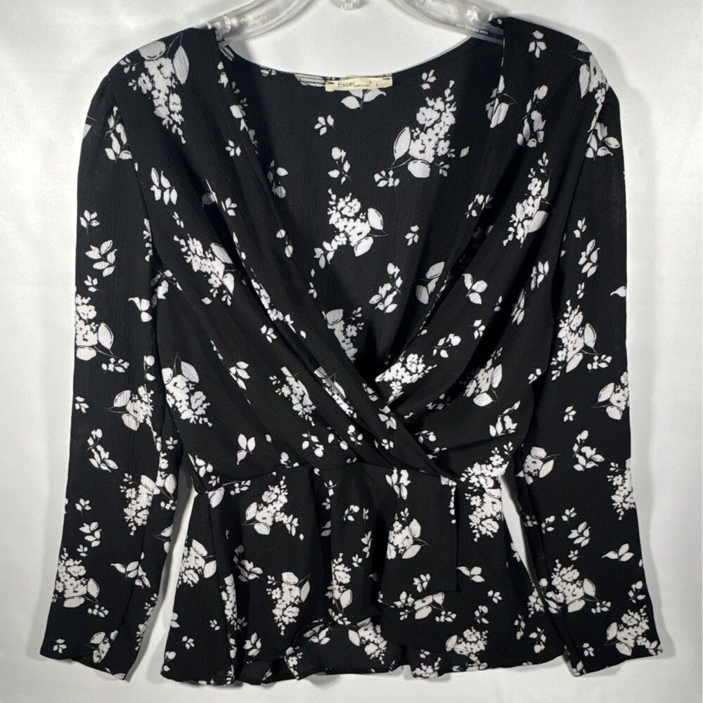 Essei Women's L Black/White Floral V-Neck Long Sleeve Peplum Ruffle Blouse